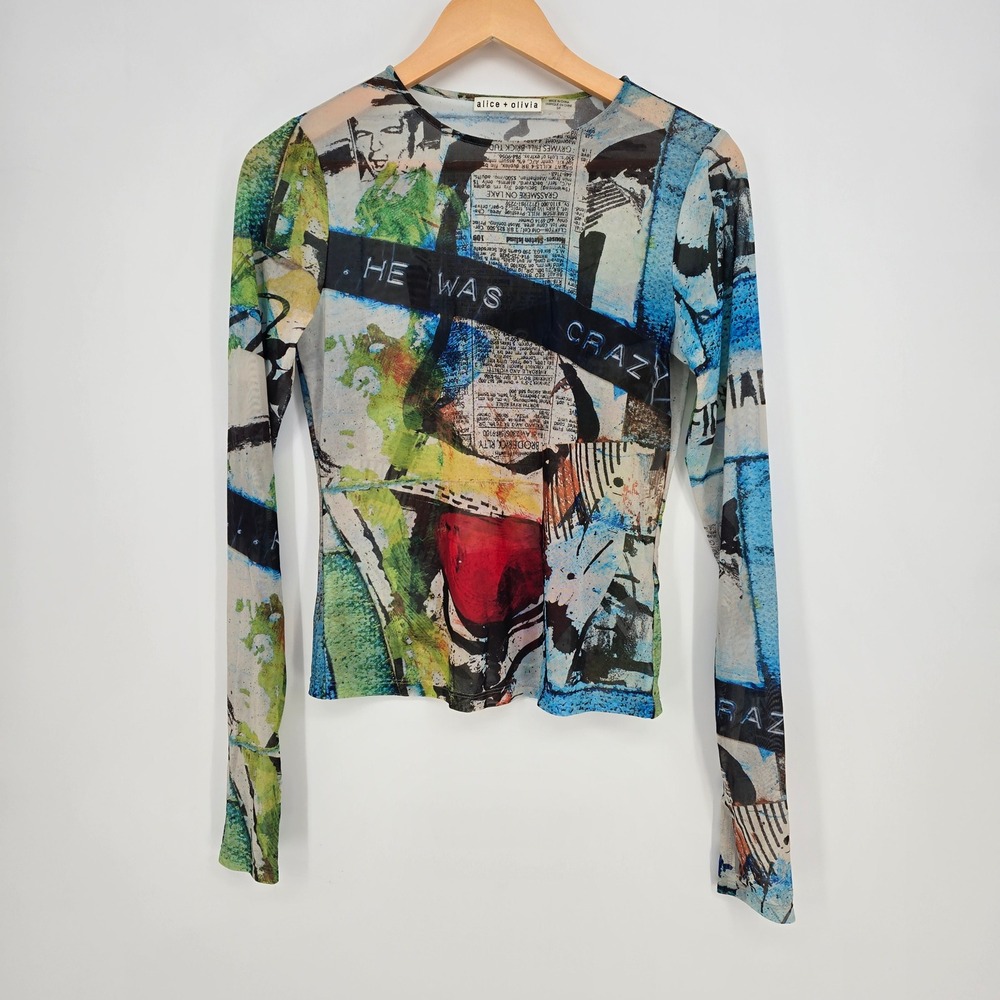 Alice + Olivia Jean-Michel Basquiat Mesh Top He Was Crazy Print Womens S Stretch